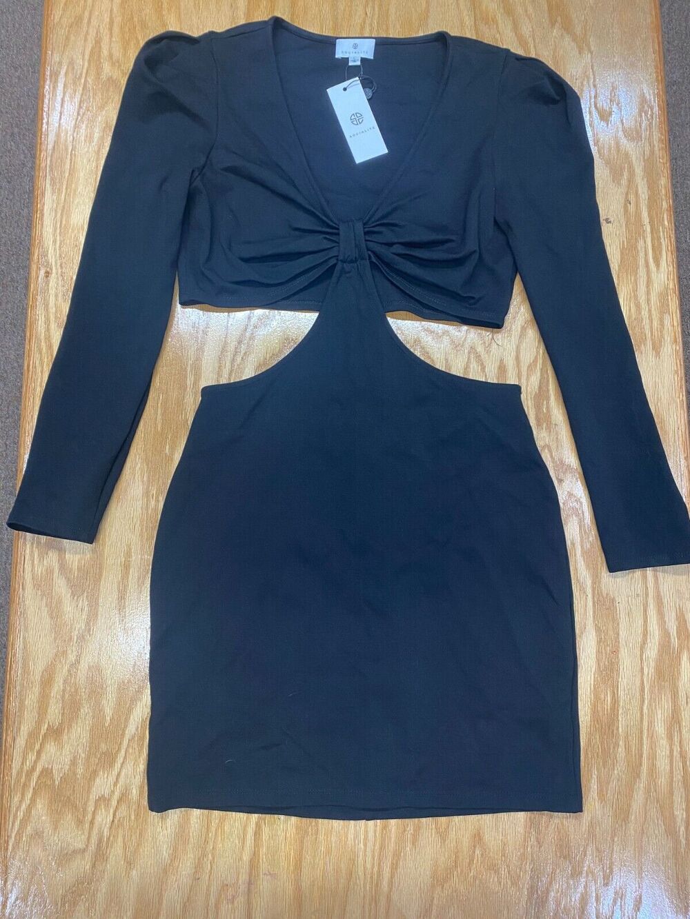 Socialite Dress Womens Large Black Bodycon Cut Out Knot Strech Long Sleeve B35.2